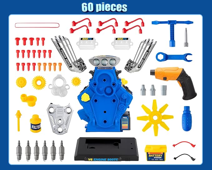 POFJOEQ STEM New V6 Engine Model Building Kit，60-Piece Take Apart Toy with Realistic Lights & Sounds, Tools - Mechanic Repair Playset for Kids Ages 3-5
