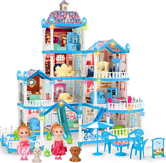 Seifar Doll House for Girls,10 Rooms Blue House Toy with Doll Figures, Puppies, Lights, Furnitures, Accessories, Kids Playhouse Gift for for 3 4 5 6 7 8 9 10 Year Old