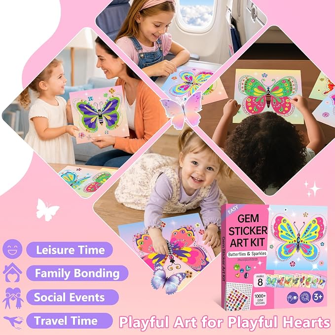 Marlrin Butterfly Gem Crafts for Girls Ages 4-8, Diamond Art Kit for Kids | 8 Pack Easy Gem Sticker Arts, 1000+ Gems, Peel & Stick No Mess, Hang & Display Stand, Party Favor, Birthday Gift for Girls