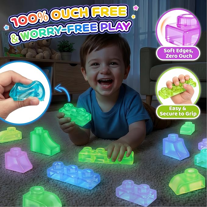 Gummy Bloc 57 PCS Soft Glow in The Dark Building Blocks for Toddlers, Dream City Glow Starter Kit, Squishy Sensory Stacking Toy with 2 Buildable Vehicles, Montessori STEM Preschool Gift for Boys Girls