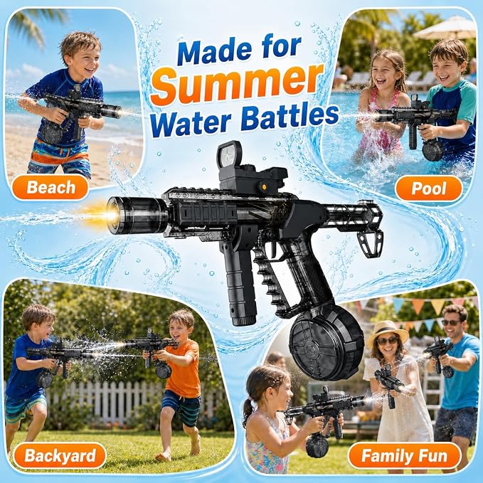 Electric Water Blaster Toy, Rechargeable Battery Automatic Water Spray Toy with LED Lights, 350cc Large Capacity Outdoor Summer Water Play Toy for Kids & Adults, Pool Party Beach Backyard Game Toy