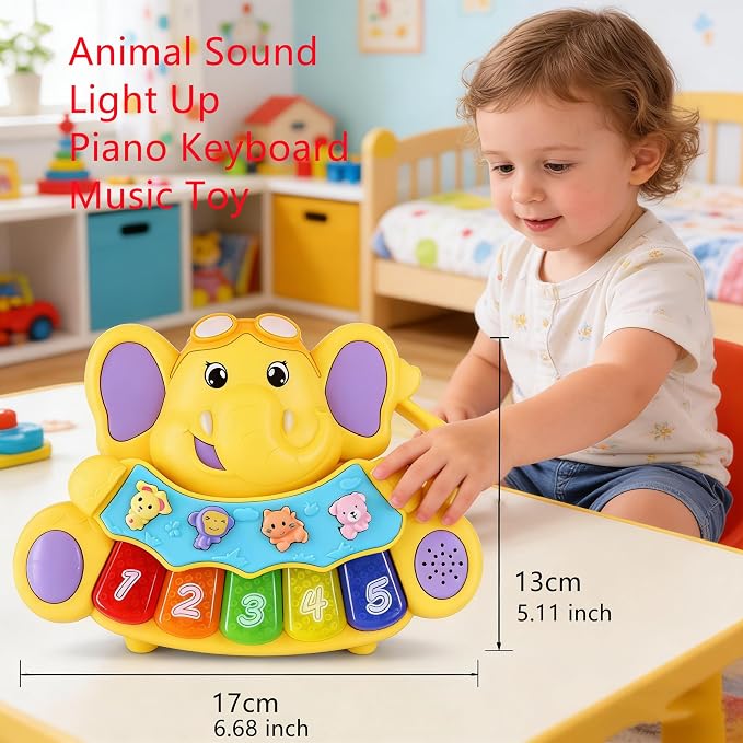 Baby Piano Drum Music Toy 6-12 Months, Elephant Light Up Musical Keyboard Animal Sound, Toddler 12-24 Early Learning Educational Interactive Infant Toys Girl Boy Gift 1 Year Old