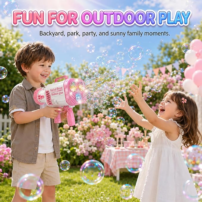 Pink LED Bubble Machine for Girls, High Output Bubble Blower | Pink LED bubble machine with high-output bubbles for backyard, pool, beach, and party fun, great gift for girls age 3+.