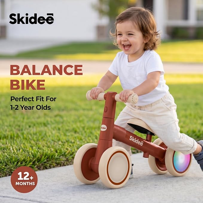 SKIDEE Toddler Balance Bike 1-3, 4-Wheel Balance Bike with Rare Light-Motion-Activated LED Wheels, Adjustable Height & Child Safe Steering, Lightweight Ride-On Toy Training Bike for Boys & Girls