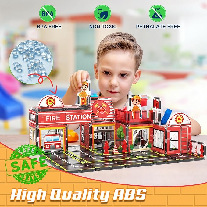 AFUNX Magnetic Tiles, 50PCS Fire Station Theme Building Blocks Set, Magnet Building Blocks and STEM Preschool Toys for Toddlers Kids Ages 3-5 5-7 8-10