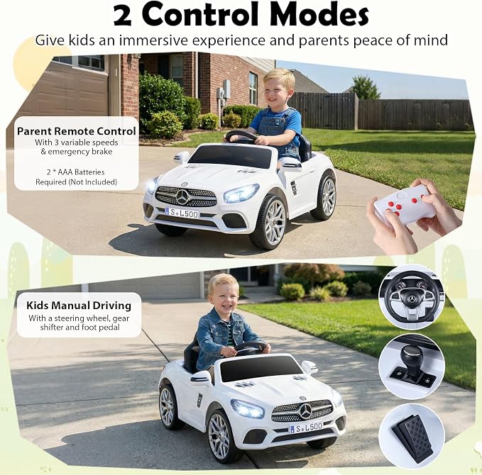 Costzon Ride On Car, 12V Licensed Mercedes Benz Electric Vehicles with Parent Remote Control, LED Headlights, Music & Wireless Connection, Kids Car for Boys Girls Aged 3-8 (SL500,White)