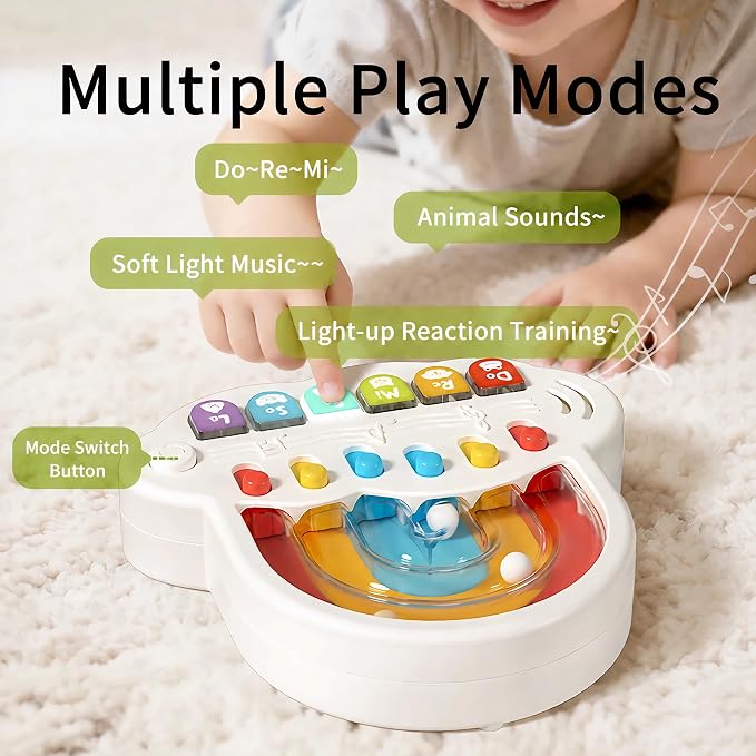 Baby Piano Toy 6 to 12 Months Light Up Music Keyboard Baby Toys for 6 9 12 18 Months with 4 Modes, 2-in-1 Musical Piano Toy with Marble Game, Sensory Infant Girl Toy 1 Year Old Boys Girls Gift