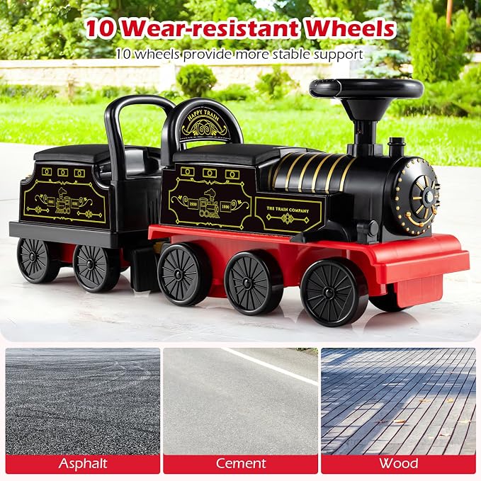 OLAKIDS 6V 2-Seater Ride on Train with Carriage, Storage, Train Whistle, Music, Lights for 18 Months+ (2 Seaters, Retro)