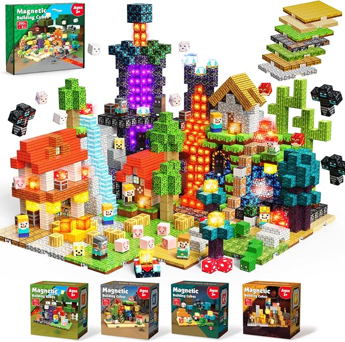 ToyUnited 4-in-1 Magnetic Blocks with 24 Light Up Blocks, 200PCS Magnetic Building Blocks with 8 Base Plates, Screen-Free Magnetic Building Cubes Toy, Christmas Birthday Gifts for Boys Girls Age 3+