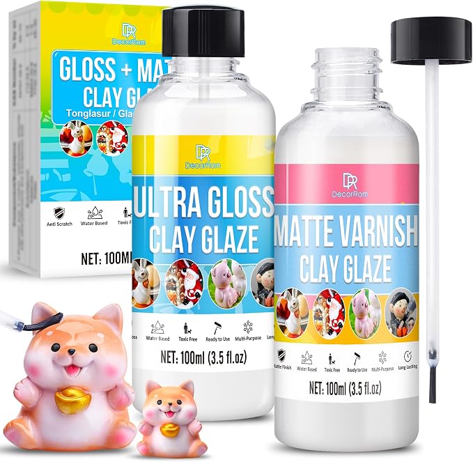 Air Dry Clay Glaze Kit - 7oz Polymer Clay Glaze & Varnish for Air Dry Clay - High Gloss & Matte Sealant, Waterproof, Scratch-Resistant Finish for Pottery, Sculptures & Ceramics, Non-Toxic Clay Gloss