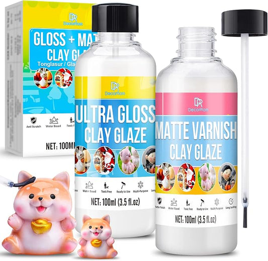 Air Dry Clay Glaze Kit - 7oz Polymer Clay Glaze & Varnish for Air Dry Clay - High Gloss & Matte Sealant, Waterproof, Scratch-Resistant Finish for Pottery, Sculptures & Ceramics, Non-Toxic Clay Gloss