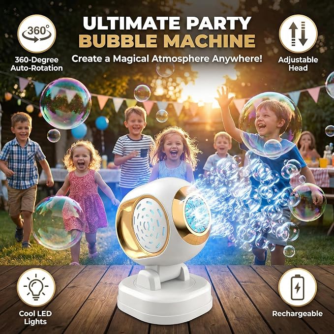 KYWYOYOU White Stage Bubble Machine for Wedding Parties, Rechargeable Maker | Automatic rotating blower with adjustable head for kids, toddlers & outdoor play. Includes 10 professional solution refills.