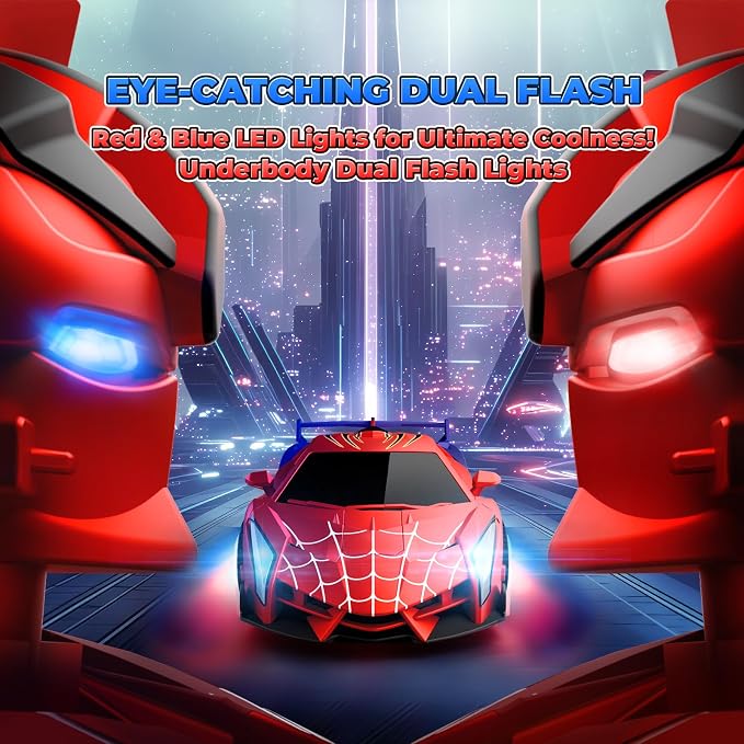 Spider Transform RC Cars Toys with Eye & Underbody Lights, 2.4GHz Remote Control Car One-Button Deformation, Fast 360°Rotation Robot Toys Birthday Gifts for 3 4 5 6 7 8 9 10 Year Old Boys Age 4-7 8-12