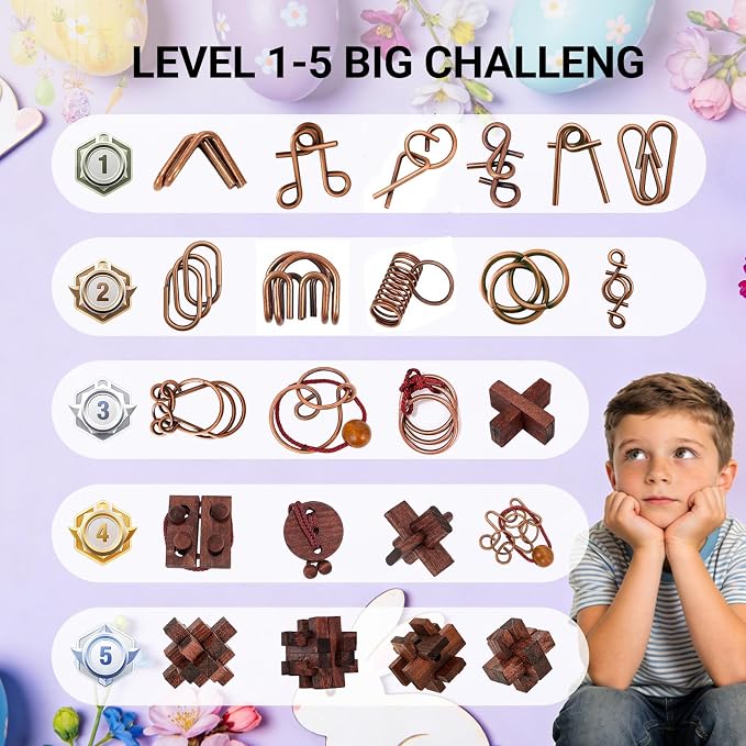 24 Pcs Brain Teaser Puzzles for Adults - Metal & Wooden 3D IQ Test Logic Game, Unlock Interlocking Brain Puzzle Toys for Teens Kids, Smart Educational Desk Toy for Mind Challenges