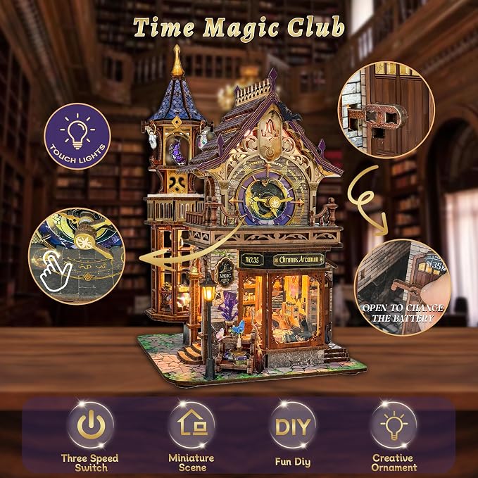 SUNNINO Miniature Dollhouse Kit, 3D Wooden Puzzles for Adults Mini House Building Kit with LED Lights Christmas Birthday Gifts Book Nook Kits Bookshelf Decor for Adults and Teens, Time Magic Club