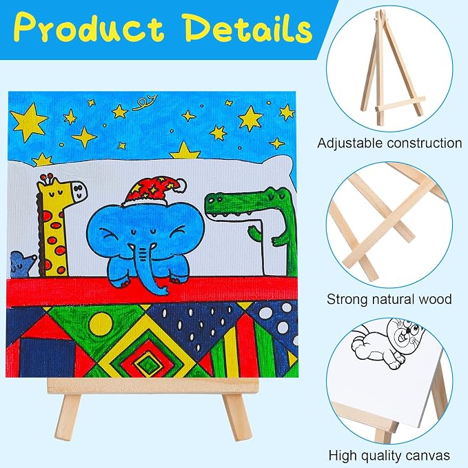 Tenceur 48 Pcs Kids Paint Party Favors Sets with 12 Pcs Animals Pre Drawn Canvas Panel and Wooden Easel Set Paint Pots and Brushes 12 Mini Apron and Tote Bag for Kids Boys Student Girls