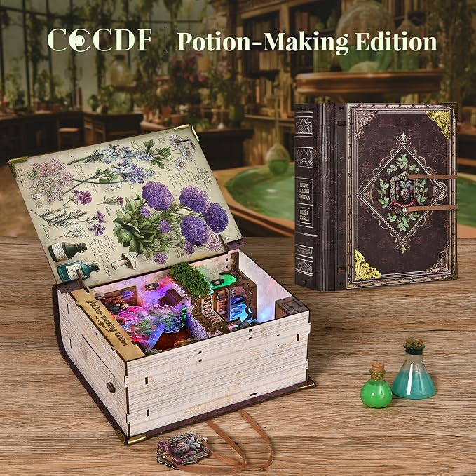 CCCDF Book Nook Kit, DIY Miniature Dollhouse Booknook Kit, 3D Wooden Puzzle for Teens and Adults, Bookend Bookshelf Insert Decor with LED Light (Potion-Making Edition)
