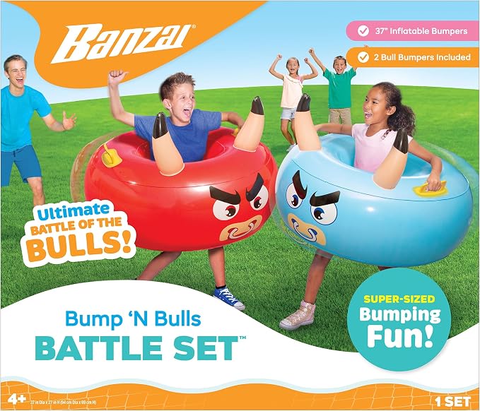 Banzai: Bump ‘N Bull Battle Set - Red & Blue, 2 Inflatable Body Bumper Toys, 37" Animal Ring Boppers, Bouncer Grip Handles, Outdoor Game Play, Kids 4+