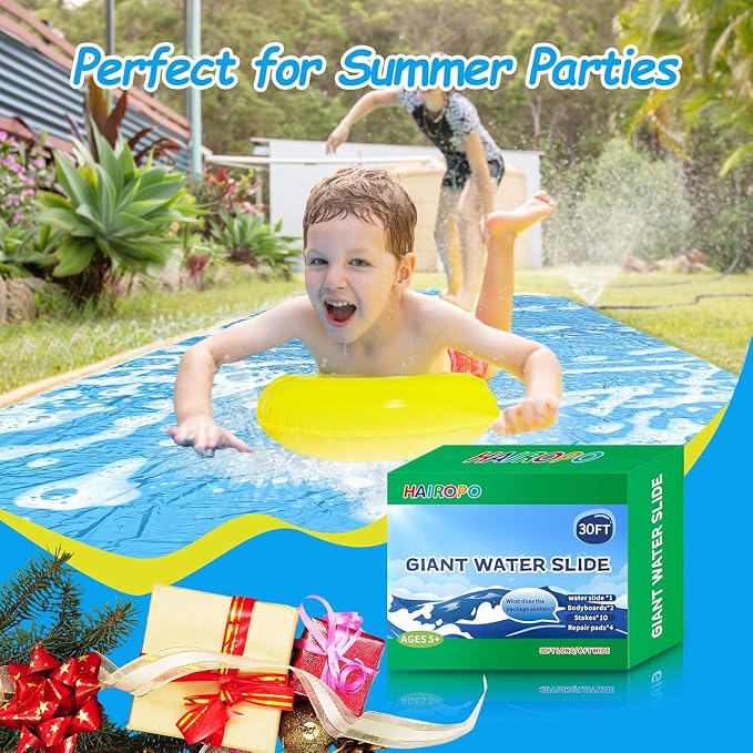Slip Water Slide, 30FT Extra Long Heavy Duty Slip Lawn Water Slide for Kids Adults with 2 Bodyboards, Slip Water Slides for Kids Backyard Garden Summer Outdoor Water Toys Party Play