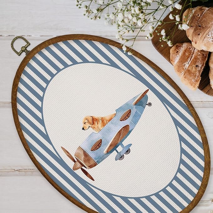 WULQYING Golden Retriever Airplane Nursery Wall Art Decor, Kids Room Oval Framed Canvas Art Prints, Blue Striped Airplane Aviator Dog Wall Hanging Decor for Kids Room Bedroom Playroom, 8.6x11.4 Inches