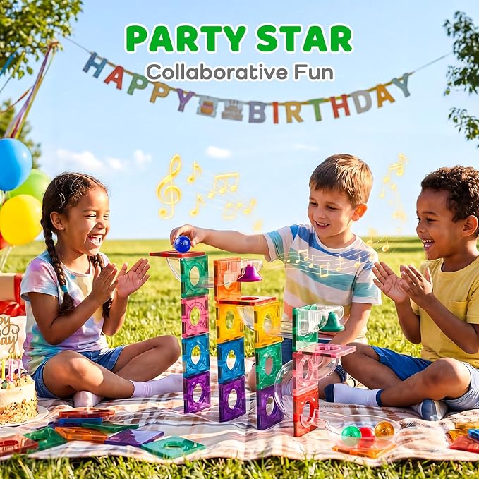 Bmag Magnetic Marble Run Set with Happy Birthday Bell, 73 Pcs STEM Educational Magnetic Marble Maze Toy for Kids 3+, Creative Building Track Game, Birthday Gift for Boys & Girls