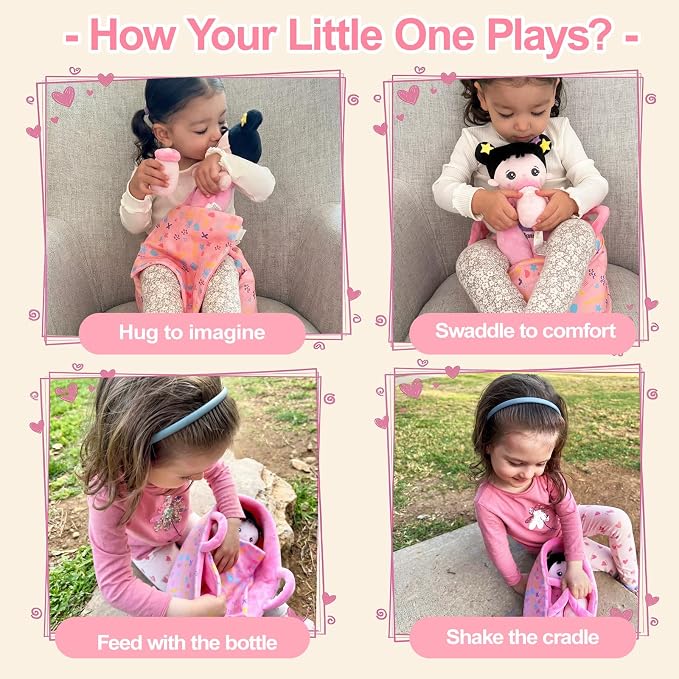 OUOZZZ 10" Soft Baby Doll Accessories with Plush Asian Doll, Bassinet, Blanket and Bottle, Toys for 2 Year Olds Girls Birthday Gift, Interactive Pretend Playset for Preschool, Home