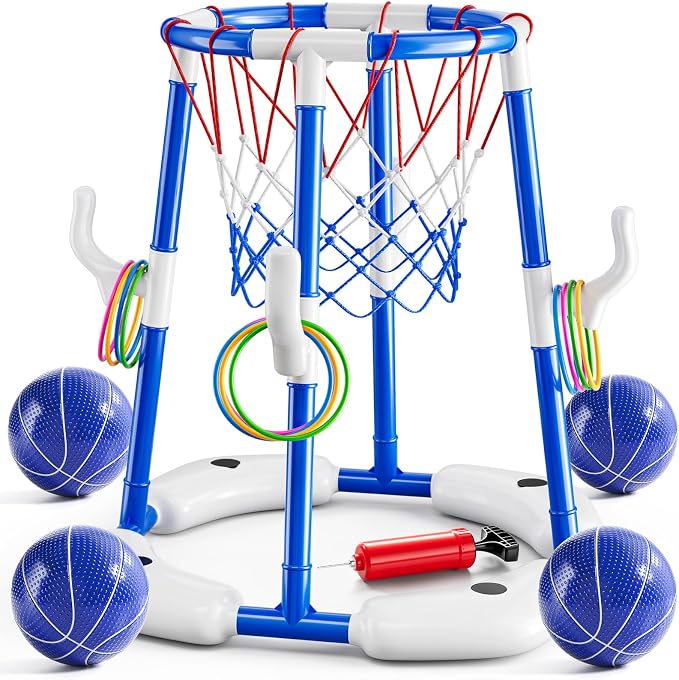 JUKUDAHU Pool Basketball Hoop, Boy Pool Toys for Kids Ages 4-8, 2-in-1 Floating Pool Ring Game with 4 Balls and Pump, Outdoor Swimming Water Play Toy, Summer Water Toys for Kids Adults Age 3-12