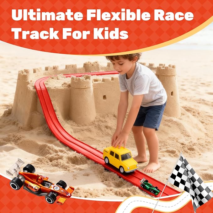 MINDNOOK 16 Ft Flexible Race Car Track Set for Kids, Portable Roll-Up Racetrack with 4 Cars & Suction Cups, Compatible with 1:64 Diecast Toy Cars, Gift for Boys & Girls Ages 3+