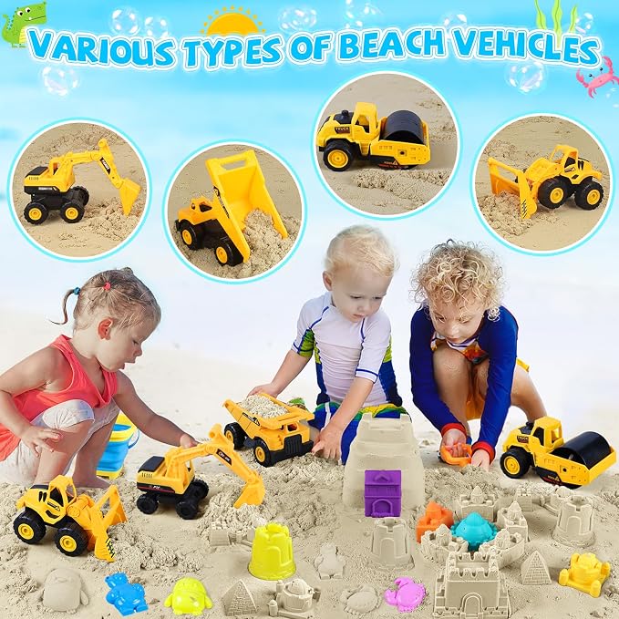 FHOZGECY Beach Sand Toys, 4 Construction Vehicles, 4 Collapsible Buckets, Sand Castle Molds with Travel Mesh Bags, Sandbox Play Set for Kids Ages 3-12, Multi‑Scene Play for Outdoor Summer Beach Games