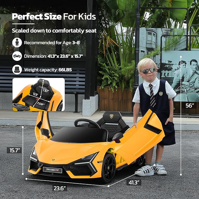 ELEMARA Lamborghini Kids Car with Scissor Door, Ride On Toys with Remote Control, 12v Kids Electric Car with Bluetooth, LED Light, MP3 Player and Wide Seat, Lemon Yellow