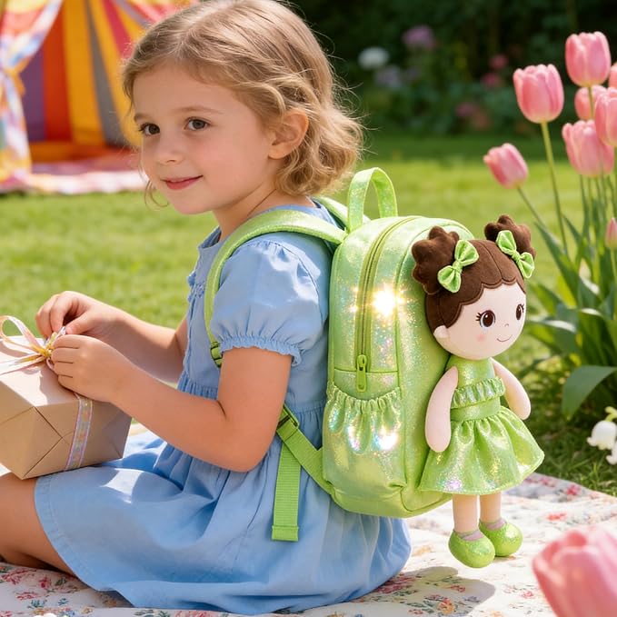 Lazada Toddler Backpack - Baby Girl Gifts Curly Fingerprints Plush Doll Dress Backpack - Fashion Girls Curly Rolled Fingerprints Series - Fluorescent Green 11 Inches