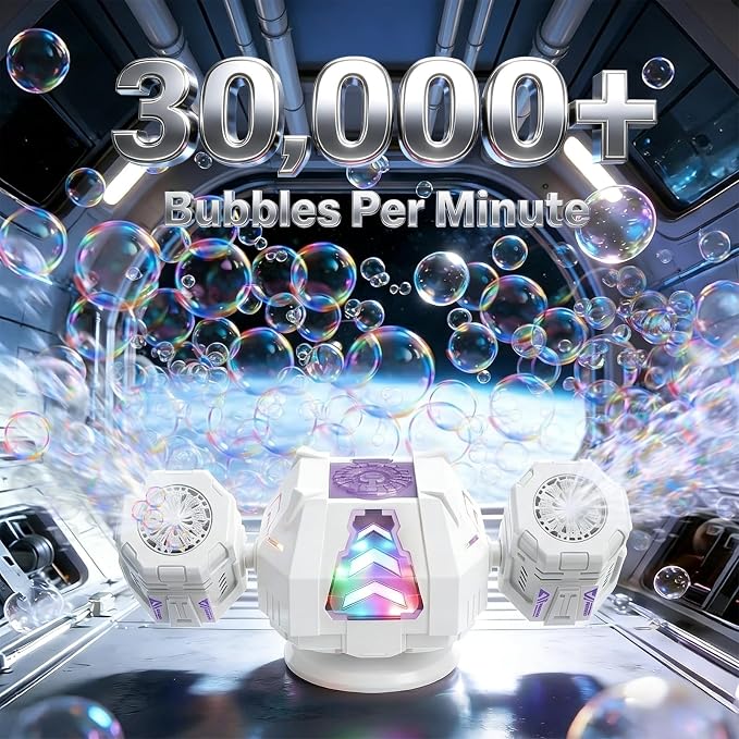 GoGonova Bubble Machine, 30000+ Bubbles/Min Rechargeable Kids Bubble Machine, Big Bubble Blower Maker, 360° Auto Rotation & 2 Speeds, 7-Color LED Lights, Mecha Overlord