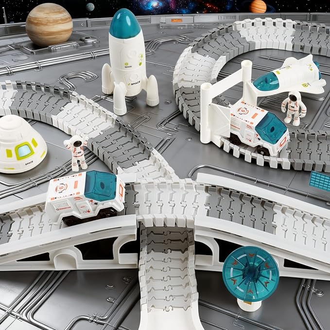 GIAT Race Car Tracks Set - Birthday Gift for 3 4 5 6 7 Year Old Boys, 290+ PCS Flexible Train Track Kit for Kids, Interactive Toy with Cars and Rocket