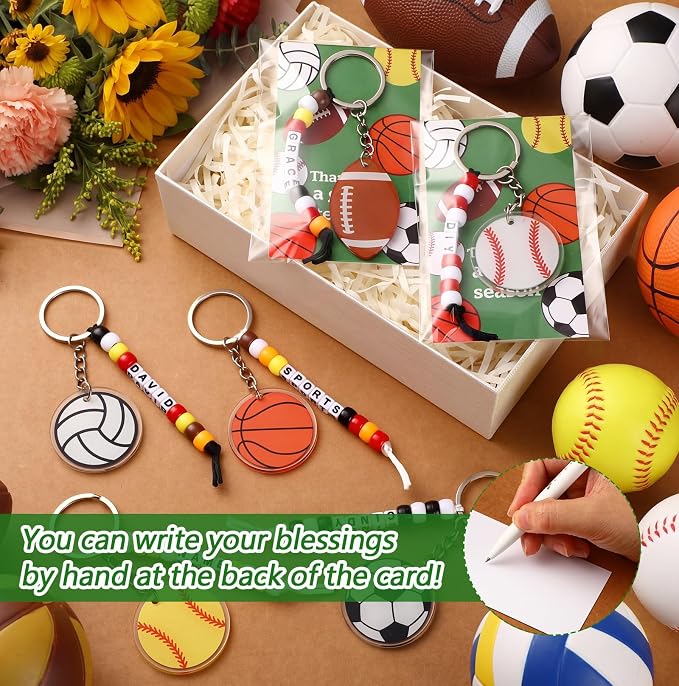 Suncalla 984 Pcs 24 Set Sport Keychain Making Kit DIY Basketball Football Soccer Volleyball Baseball Bead Keychain Crafts Adjustable Letter Beads Card Strings Kit Sport Party Favor Gift Accessories