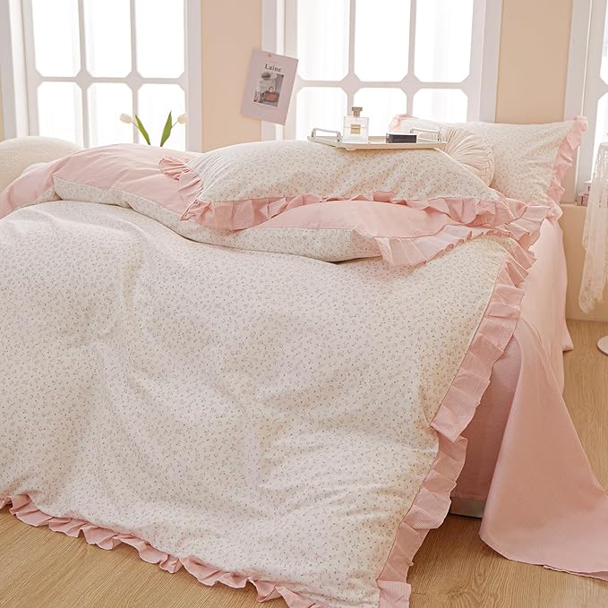 Pink Floral Comforter Set Queen Romantic Girls Ruffle Lace Bedding Set Queen Fluffy Soft Botanical Flowers Comforter with 2 Pillowcases Lightweight Bedding Cottagecore Comforter Set for All Season