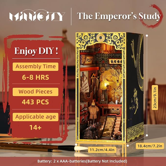 MiniCity DIY Book Nook Kit for Adults, 3D Wooden Puzzle Bookend Bookshelf Insert Decor with LED Light and Dust Cover (The Emperor's Study)