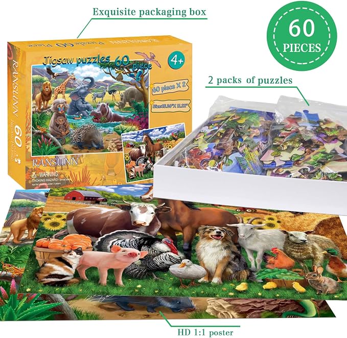 RANSUNN Puzzles for Kids Ages 4-6 - Farm & Wild Animal,2 Packs 60 Piece Puzzle for Kids Ages 3-5 6-8,Toddler Children Learning Educational Jigsaw Puzzles Toys for Boys and Girls.