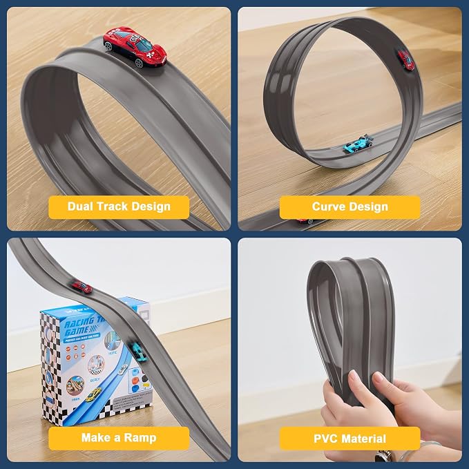 Flexible Race Track for Kids - 15 Ft Flex Track Race Car Tracks with Car Ramp Toy, Fit for Monster Truck Track & Kids' Play Cars, Race Tracks for Toddlers 3+, Gifts for Boys Girls (Gray)
