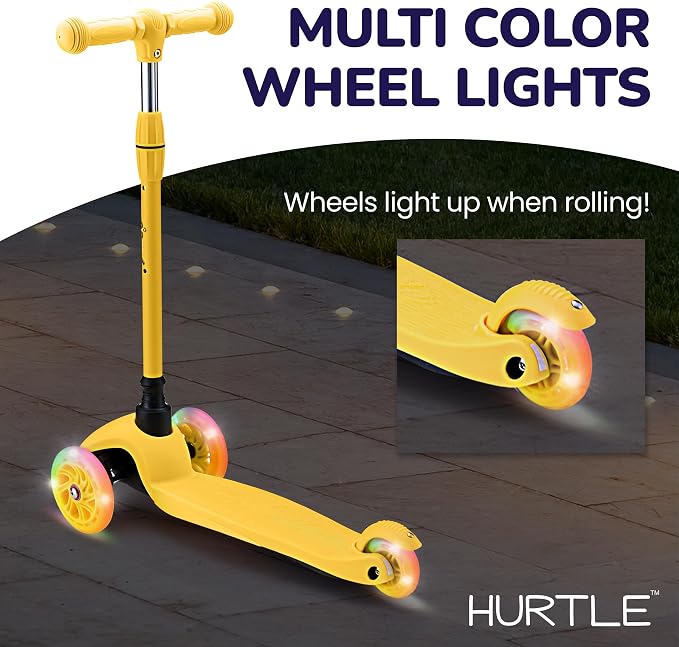 Hurtle Mini Kickboard 3 Wheel Scooter for Kids Ages 2-5 - Lean-to-Steer Toddler Scooter with Light-up LED Wheels, Adjustable Height & Rear Foot Brake for Boys. & Girls, Anti-Slip, Indoor/Outdoor