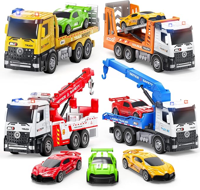 ORANGE OCEAN Tow Truck Toys for 2 3 4 Year Old Boys, 4 Pack Dump Crane Tow Truck Toy with Light & Sound, Trucks for Toddlers 2-4 Years, 2 3 4 Year Old Boy Toys, Birthday Gifts for 2 3 4 Year Old Boys