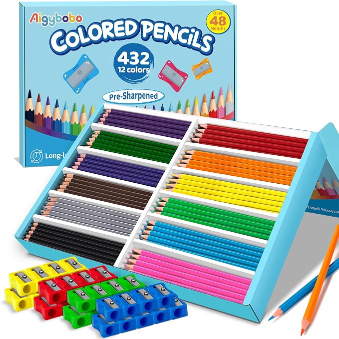 432 Count Colored Pencils Bulk for Classrrom, Color Pencils for Kids in 12 Vibrant Colors, Pre-sharpened Coloring Pencils Set Plus 36 Sharpeners, Bulk Pack Colored Pencils for Back to School Supplies
