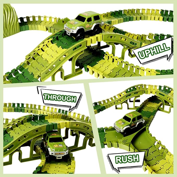 Dinosaur Track Toys, 266 PCS Dinosaur Toys for Kids 3-5 Create A Dinosaur World Road Race Tracks, 2 Dinosaur Cars Flexible Train Track Set, Birthday Gifts 3 4 5 6 7 Year Old Boys Girls