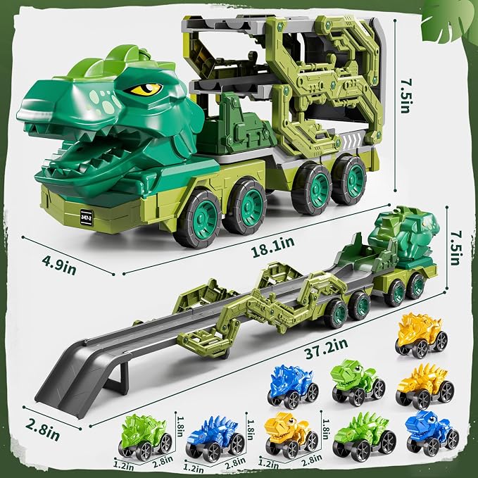 10 in 1 Dinosaur Truck Toys for Kids Aged 3-5 4-8 with Foldable Race Track, Carrier Truck with 9 Dinosaur Toy Car for Boys, Spraying, Light and Sound, Birthday Gifts for Girls Toddlers 5-7