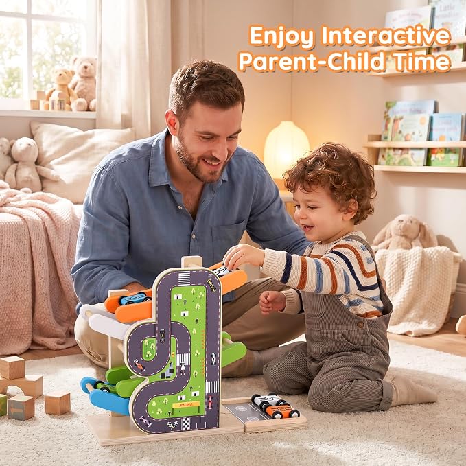 Busy edition Car Ramp Toys for 1 Year Old Boy Gifts, Montessori Toys for 1 Year Old, Wooden Race Car Track for Toddlers 1-3, Toy Cars Ramp with 4 Mini Cars & Parking Lots, 1st Birthday Gifts Boy