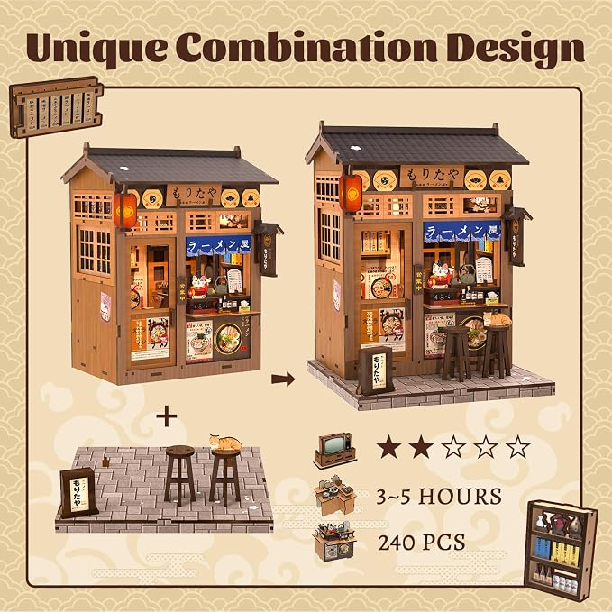 Fsolis Japanese Book Nook Kit - DIY Miniature House Kit (Morita-Ya Ramen) | 3D Wooden Puzzles for Adults Booknook Japan Noodle Shop Bookshelf Diorama Gifts for Women