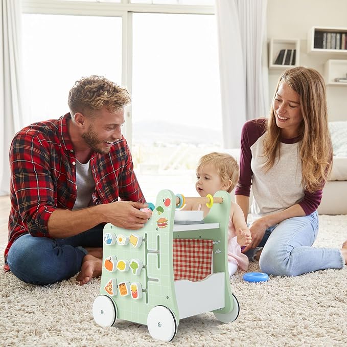 HOMGX Baby Push Walker with Wheels, 6-in-1 Wooden Montessori Toys, Toddler Learning Walker Activity Center, Pretend Kitchen Playset with Shape Sorter, Tool Toy for Kids Boys Girls Ages 12M+