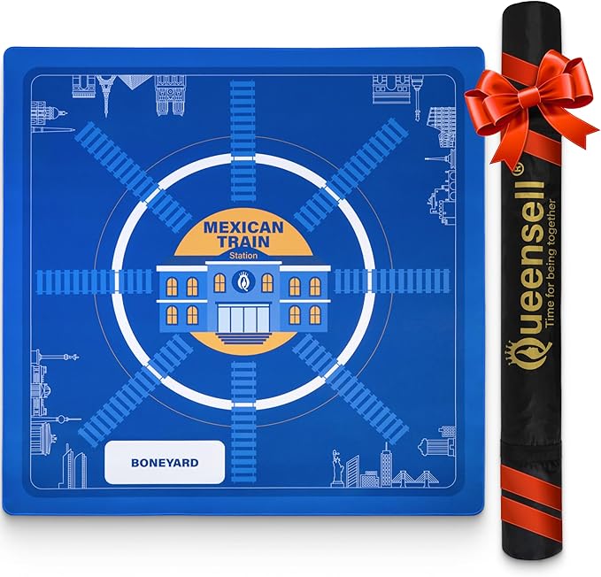 Queensell Mexican Train Dominoes Play Mat, 32" x 32" Non-Slip Gaming Surface, Mexican Train Accessories with Storage Bag, Printed Train Station Playfield, Easy to Clean & Roll Up