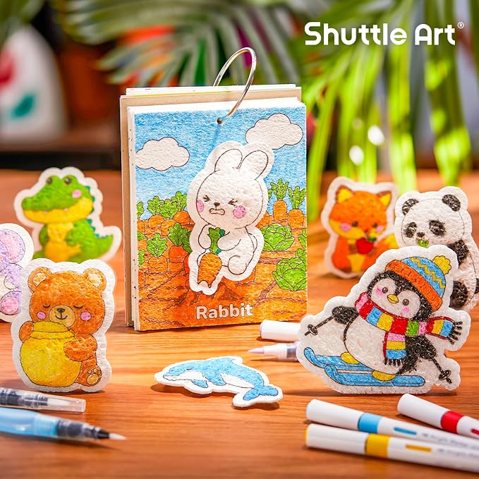 Shuttle Art 63 Pcs Magic Foam Texture Painting Kit Animal Series: 15 Animal Foam Pieces, Coloring Book with 15 Scenes, 12 Acrylic Paint Markers, Magical 3D Effect DIY Art Craft