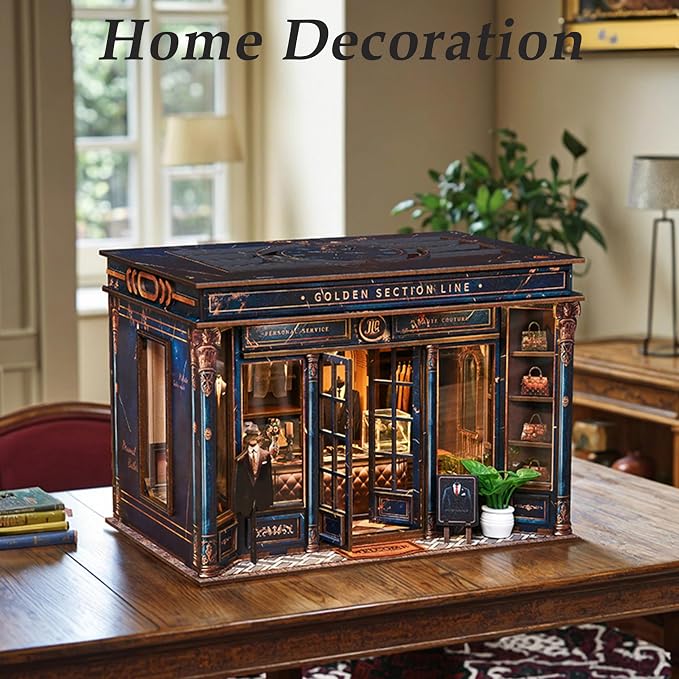 ISSEVE Book Nook Kits for Adults, DIY Booknook Kit Miniature Dollhouse Book Nooks, 3D Wooden Puzzle Model Building Creative Bookshelf Home Decoration Adult Crafts Kits Gift (Golden Section Line)