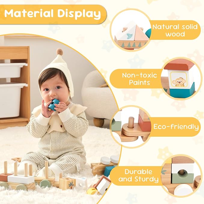 Freniland Wooden Train Set 18PCS Blocks Train Toy DIY Educational Building Stacking Train Gift for Toddlers 18M+